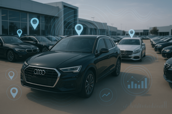 A black sedan is prominently featured in a car dealership lot, surrounded by other vehicles and overlaid with GPS location pin icons and data visualization elements, representing real-time inventory tracking.