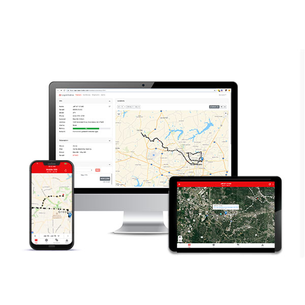 Image displaying the GPS tracking application on various devices, showing a map with tracked assets. This highlights the ability to monitor locations in real-time on desktop, mobile, and tablet.