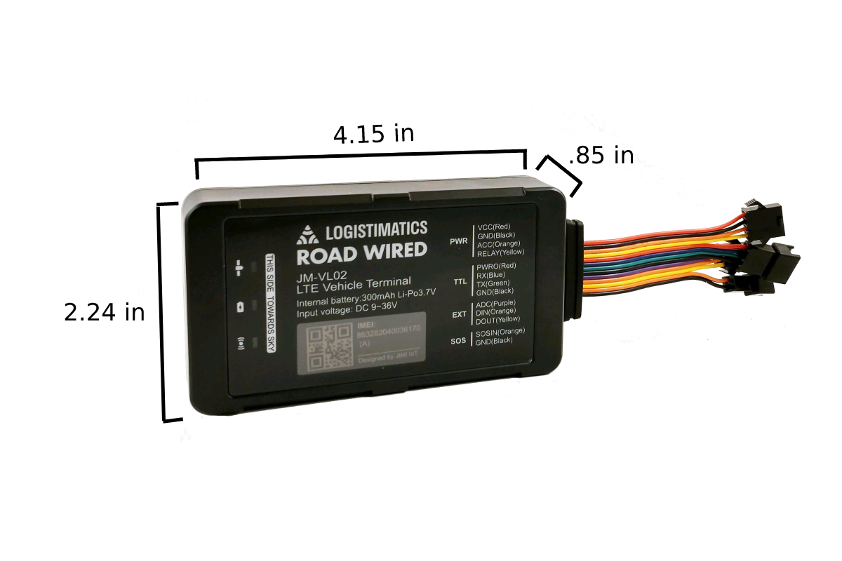 Image showing the Logistimatics Road Wired LTE Vehicle Terminal with labeled dimensions (4.15in x 2.24in x 0.85in) and a detailed view of its multi-colored wiring harness, indicating a robust, wired GPS tracking solution for car dealerships.