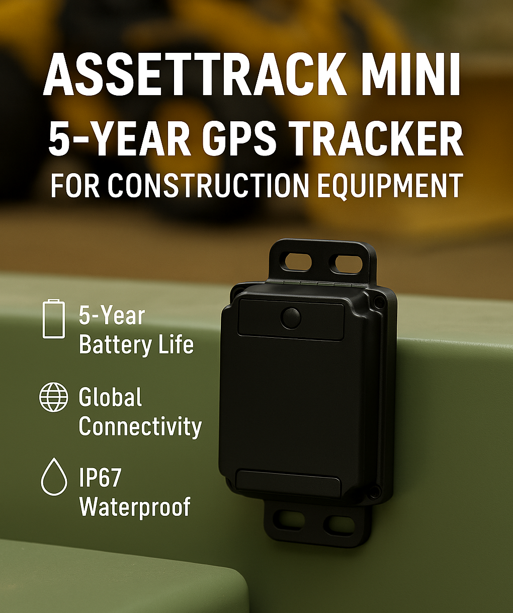 AssetTrack Mini 5-year GPS tracker mounted on construction equipment, featuring global connectivity and IP67 waterproof rating