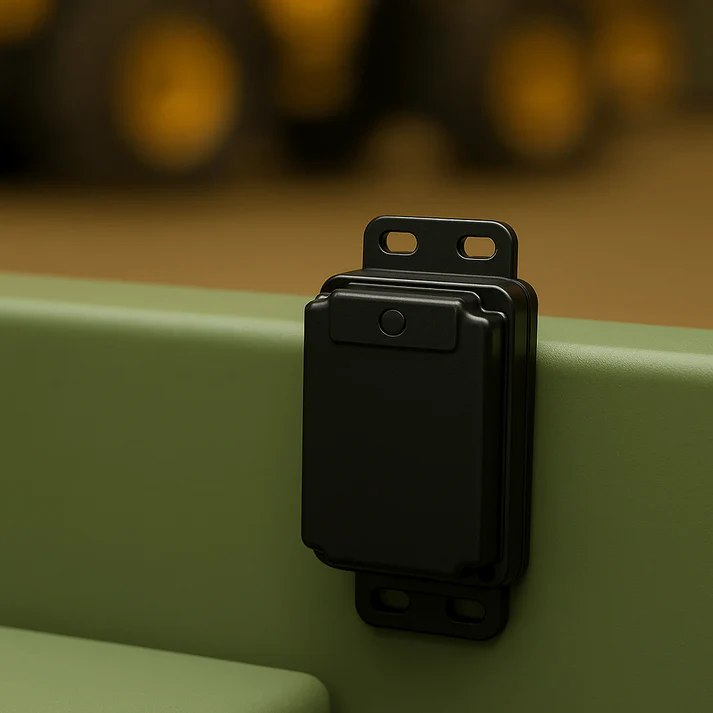 Black GPS tracker mounted on a green surface