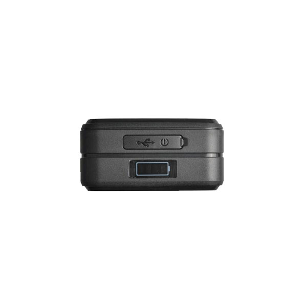 A close-up view of the Protect Plus Strong Magnet GPS Tracker showing its USB charging port, power button, and a visual battery level indicator on a small display.