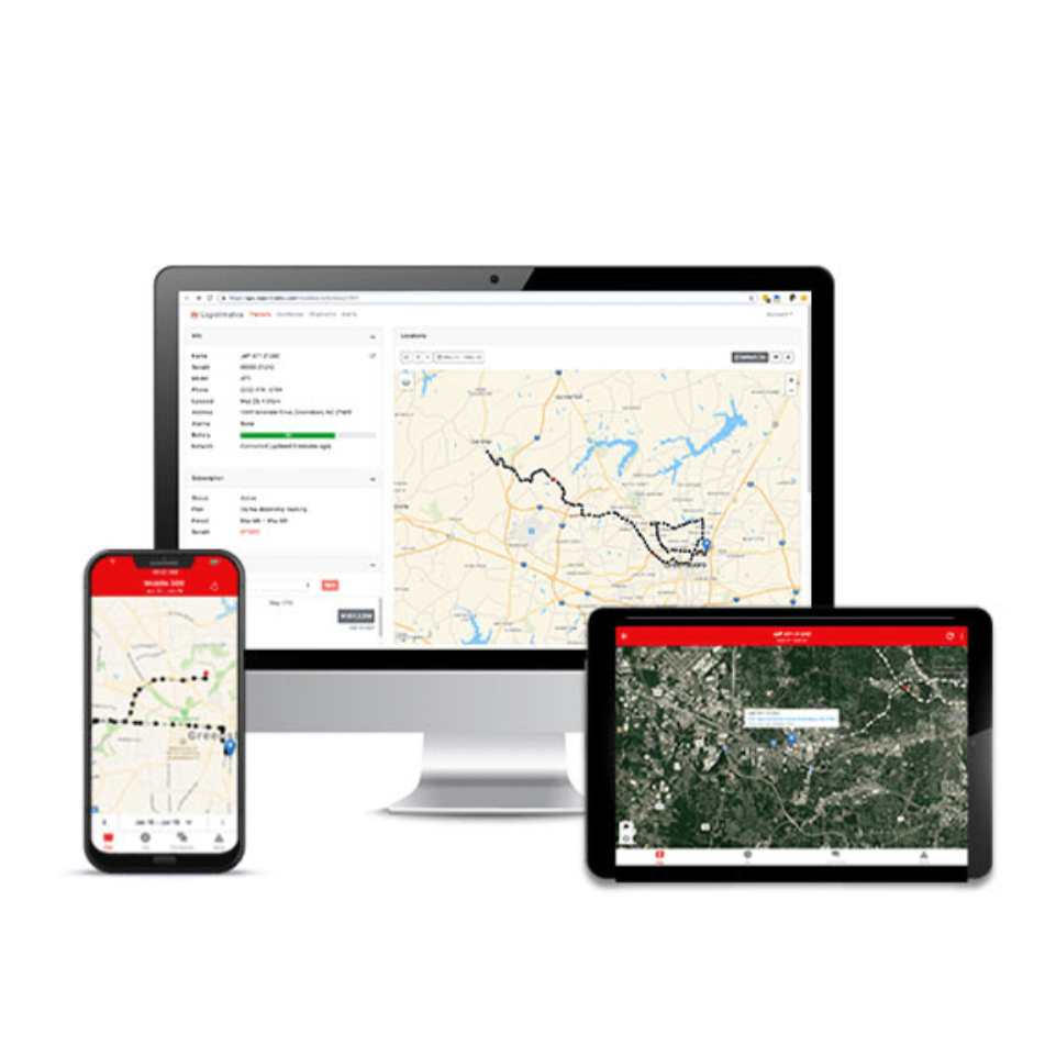 Map application interface displayed on a computer monitor, tablet, and smartphone.