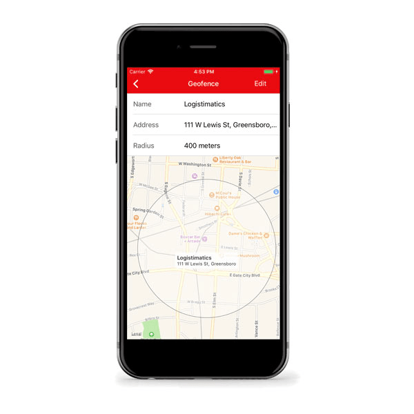 Phone displaying a geofencing app with a map on a white background