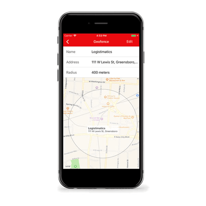 Phone displaying a geofencing app with a map on a white background