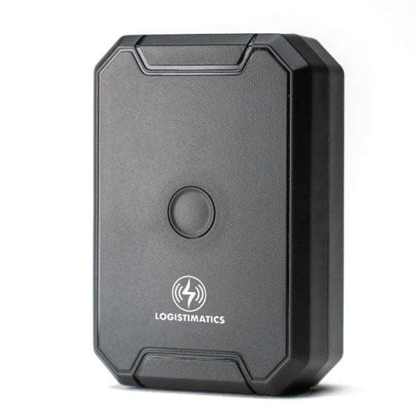 A black Logistimatics Mobile-200 GPS tracker is shown, highlighting its real-time tracking capabilities for cars and assets, along with its live audio monitoring feature.
