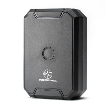A black Logistimatics Mobile-200 GPS tracker is shown, highlighting its real-time tracking capabilities for cars and assets, along with its live audio monitoring feature.