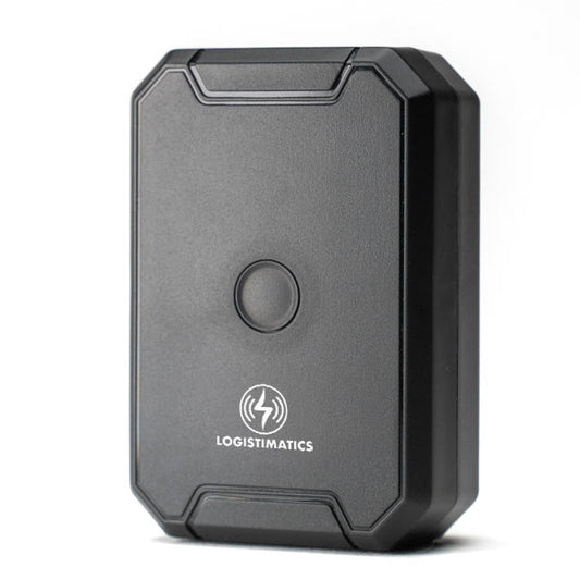 A black Logistimatics Mobile-200 GPS tracker is shown, highlighting its real-time tracking capabilities for cars and assets, along with its live audio monitoring feature.