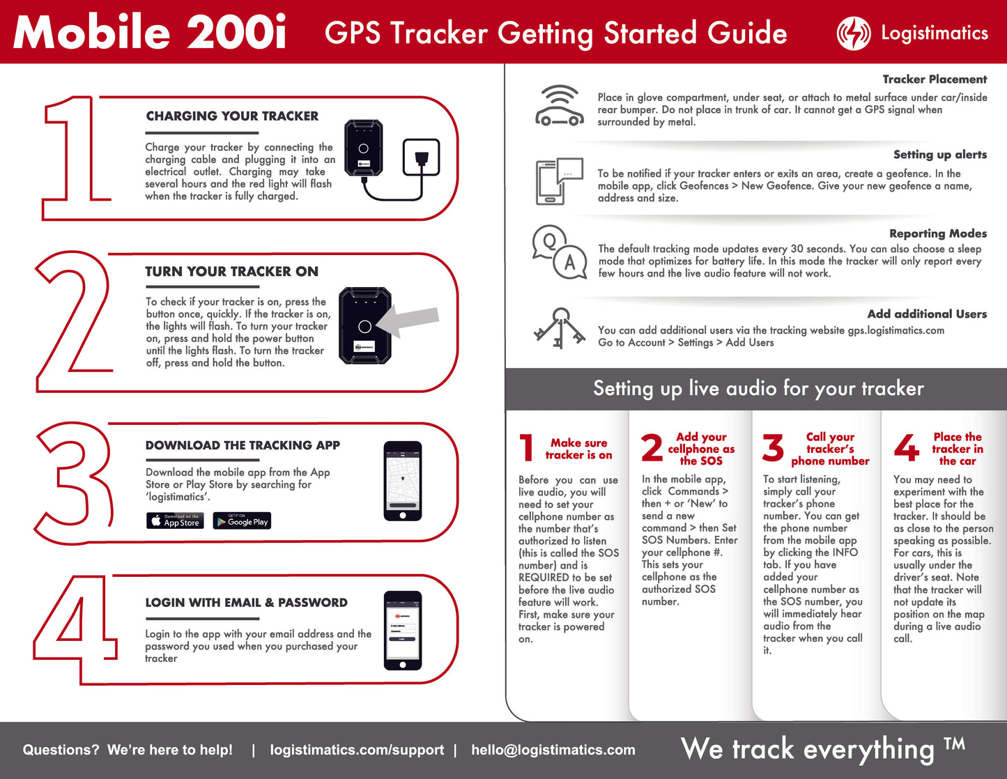 An image of the Logistimatics Mobile-200 GPS Tracker's Getting Started Guide, providing instructions on charging, turning on the device, downloading the tracking app, and initial setup.