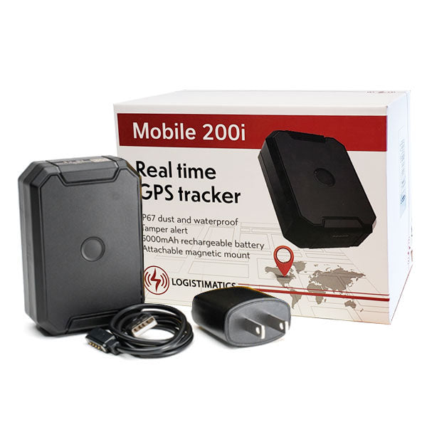 Image of the Logistimatics Mobile 200 GPS tracker and its box, emphasizing its P67 waterproof and dustproof design, long-lasting 6000mAh battery, and easy magnetic attachment.
