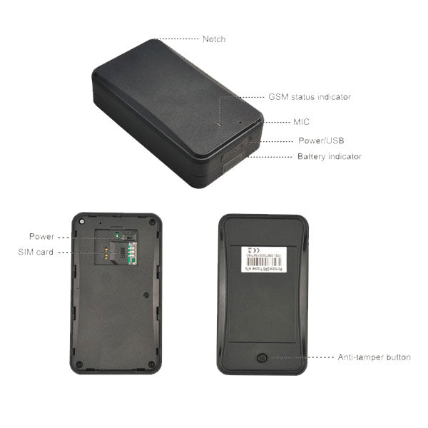 Image showcasing the Logistimatics Protect Plus GPS Tracker with a view of the SIM card slot for 4G LTE connectivity and a clearly marked anti-tamper button for enhanced security. Other features like the power/USB port and status indicators are also visible.