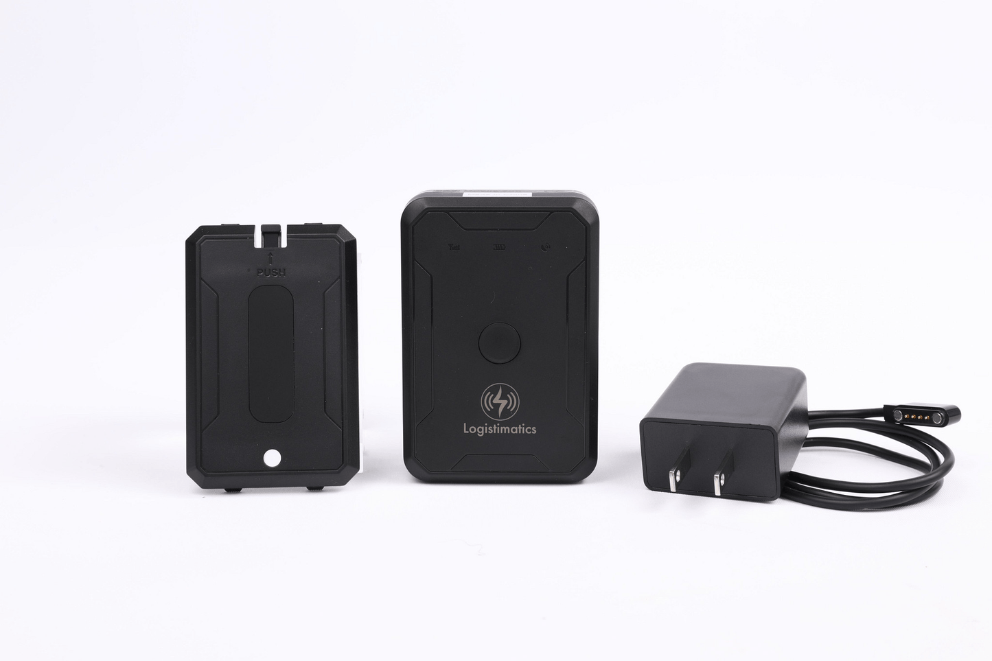 Three black electronic devices on a white background