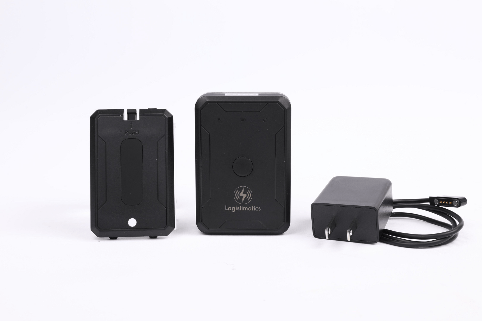 Three black electronic devices on a white background