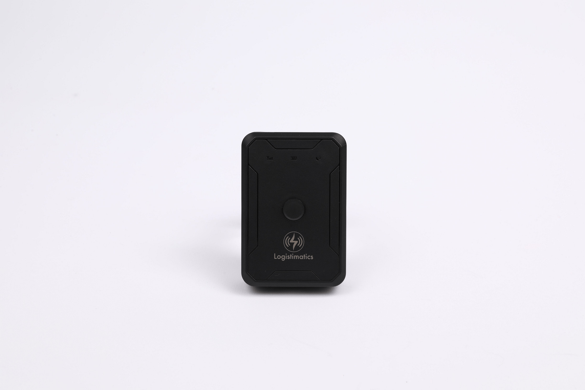 Black GPS tracker with a brand logo on a white background