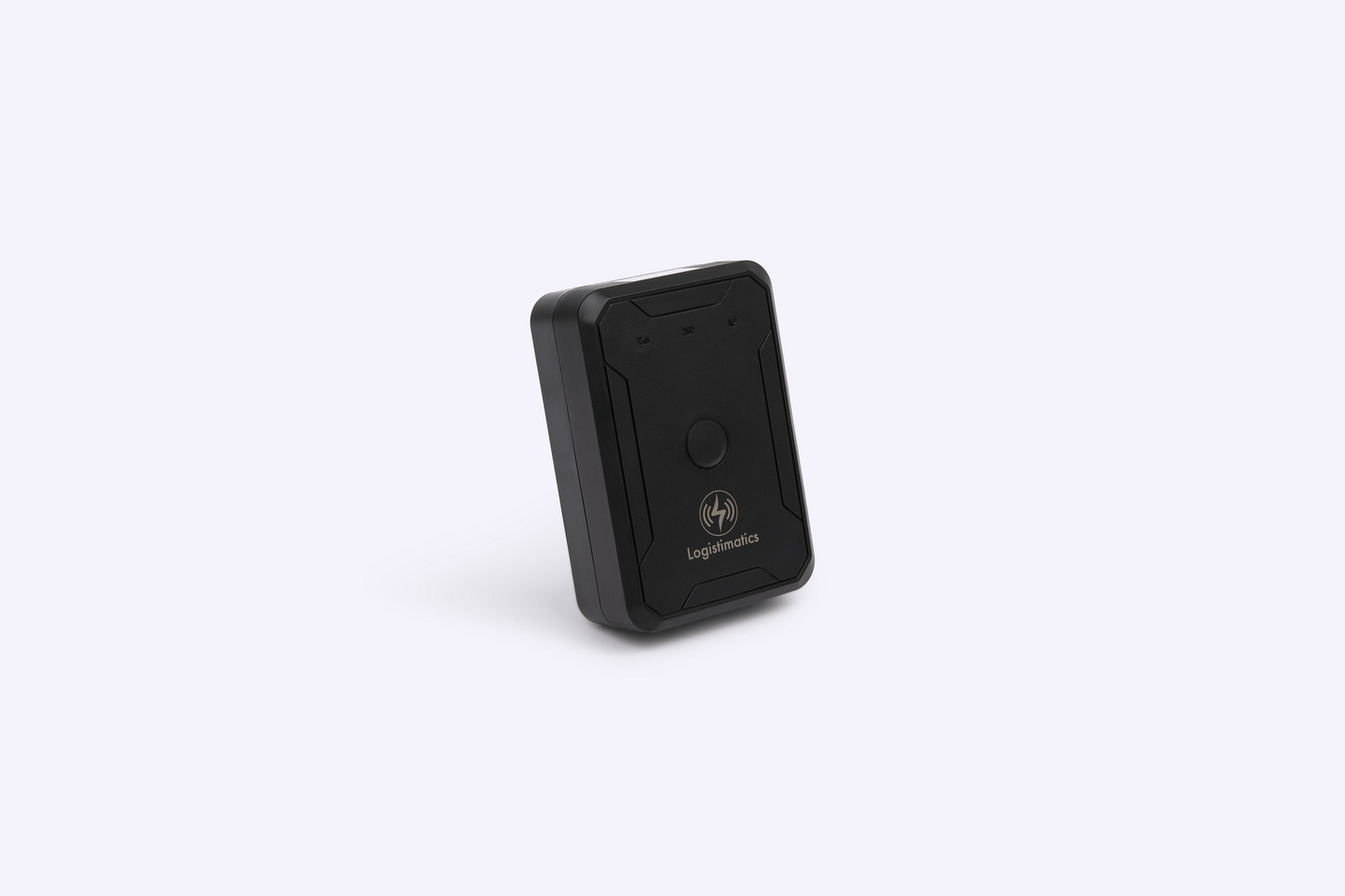 Black electronic device with a logo on a white background