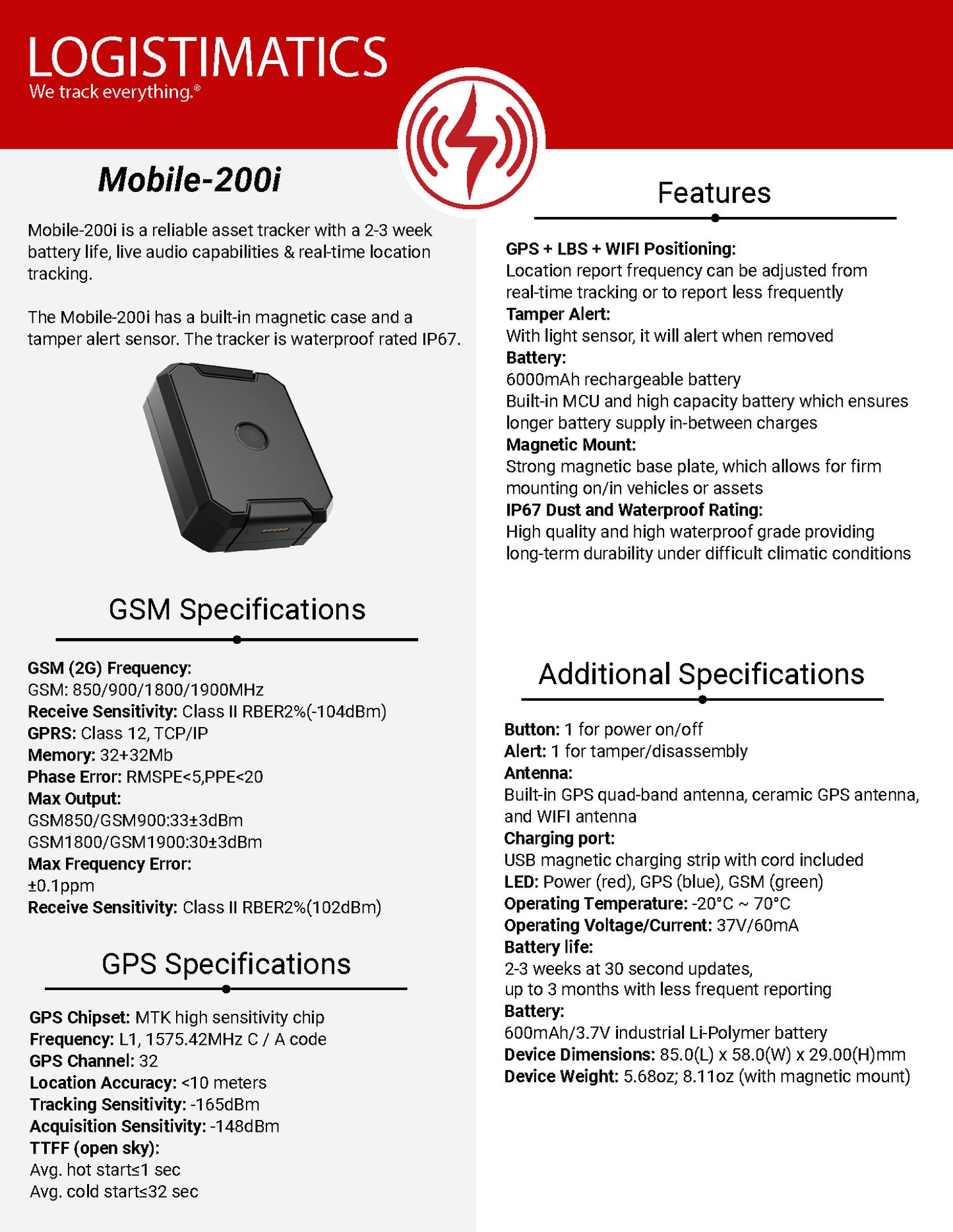 Promotional image for the Logistimatics Mobile 200, an asset tracker featuring real-time GPS and multiple positioning technologies, a tamper alert, a 6000mAh battery for extended use, and IP67 dust and water resistance.