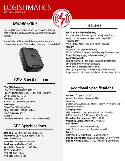 Promotional image for the Logistimatics Mobile 200, an asset tracker featuring real-time GPS and multiple positioning technologies, a tamper alert, a 6000mAh battery for extended use, and IP67 dust and water resistance.