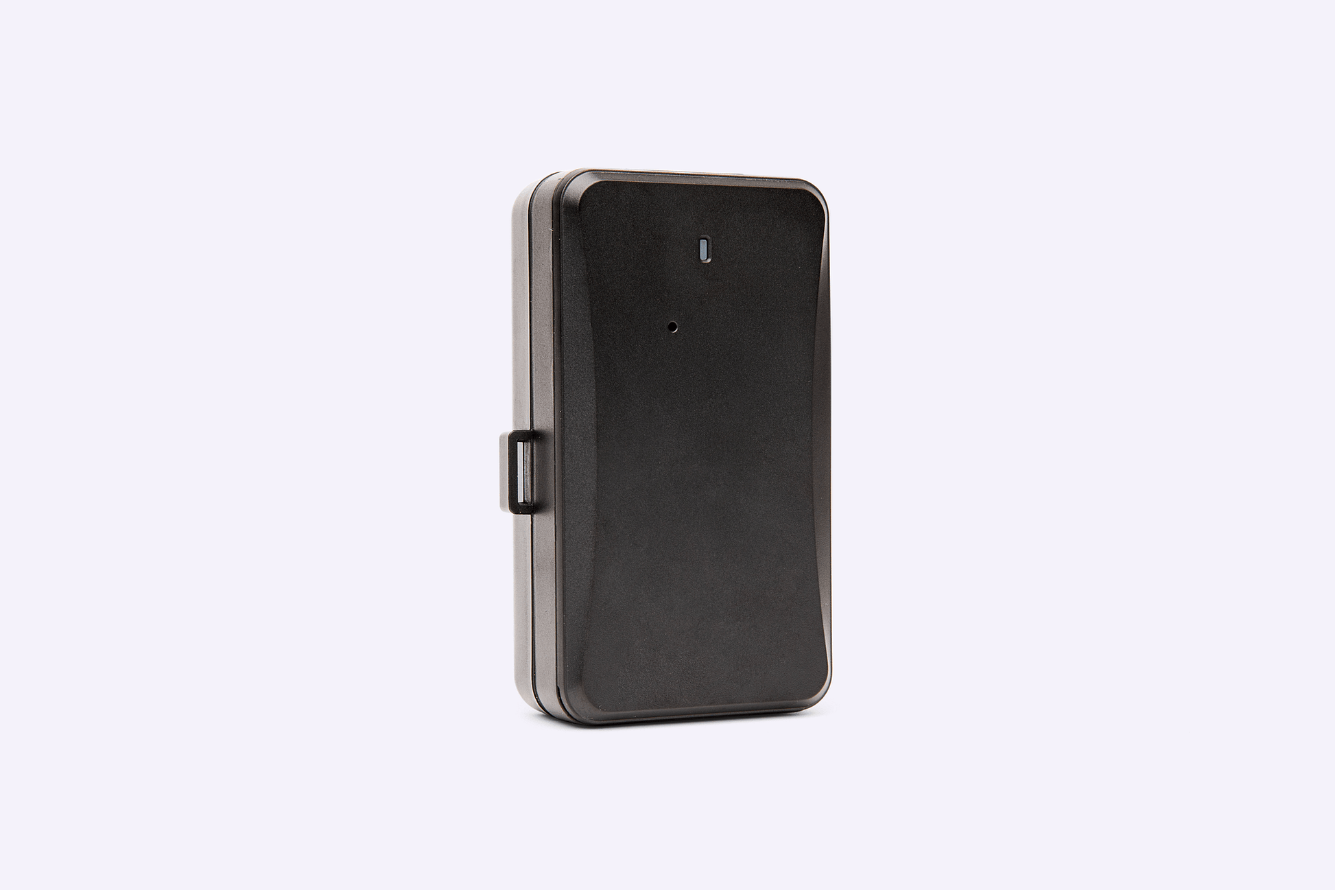 Compact black GPS tracking device with durable casing, shown standing upright on a light background.
