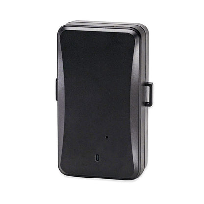 A black Protect Plus 4G GPS Tracker is shown, highlighting its compact form factor suitable for versatile asset tracking, including vehicles, equipment, and property, with an extended battery life of up to 18 months.