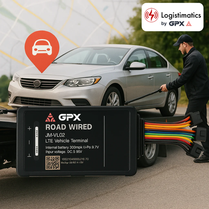 A GPX Road Wired LTE Vehicle Terminal is shown with its wiring being connected to a vehicle, illustrating a robust, wired GPS tracking solution designed for car dealership inventory management and security.