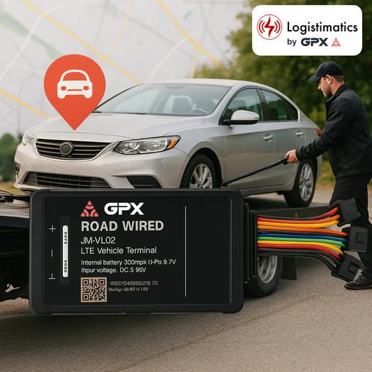 A GPX Road Wired LTE Vehicle Terminal is shown with its wiring being connected to a vehicle, illustrating a robust, wired GPS tracking solution designed for car dealership inventory management and security.