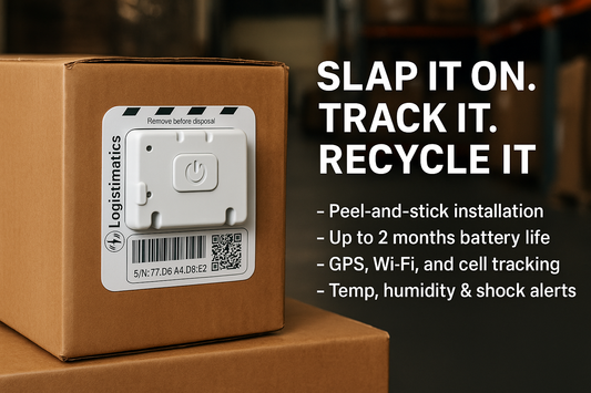 A SlapTrack disposable shipment tracker is shown adhered to a cardboard box, highlighting its peel-and-stick installation. Text overlay emphasizes "Slap It On. Track It. Recycle It" and key features: up to 2 months battery, GPS/Wi-Fi/cell tracking, and temp/humidity/shock alerts.
