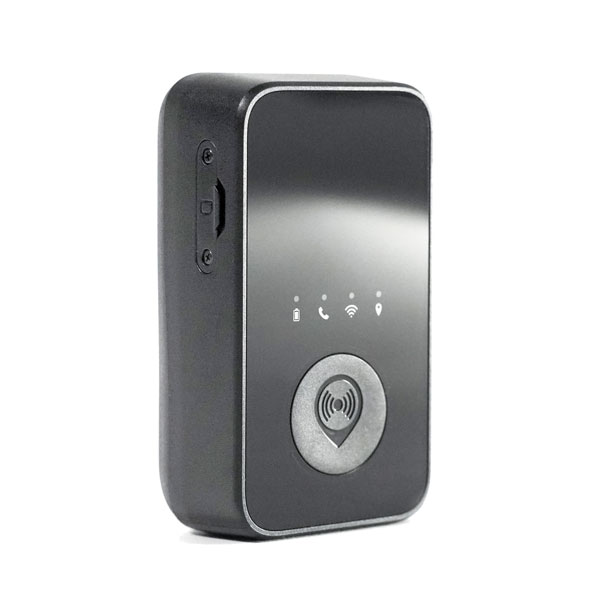 The compact black Pocket Tracker is displayed, highlighting its portable design for easy placement in bags, vehicles, or with individuals, offering user-friendly tracking via web or mobile apps. Status indicator lights are shown.