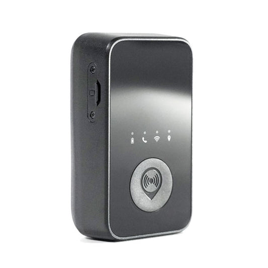 The compact black Pocket Tracker is displayed, highlighting its portable design for easy placement in bags, vehicles, or with individuals, offering user-friendly tracking via web or mobile apps. Status indicator lights are shown.