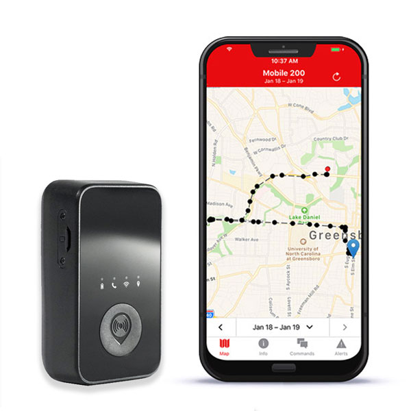 The small Pocket Tracker is displayed with a smartphone showing its tracking app, highlighting the ability to monitor vehicles, family, or assets conveniently from a mobile device.