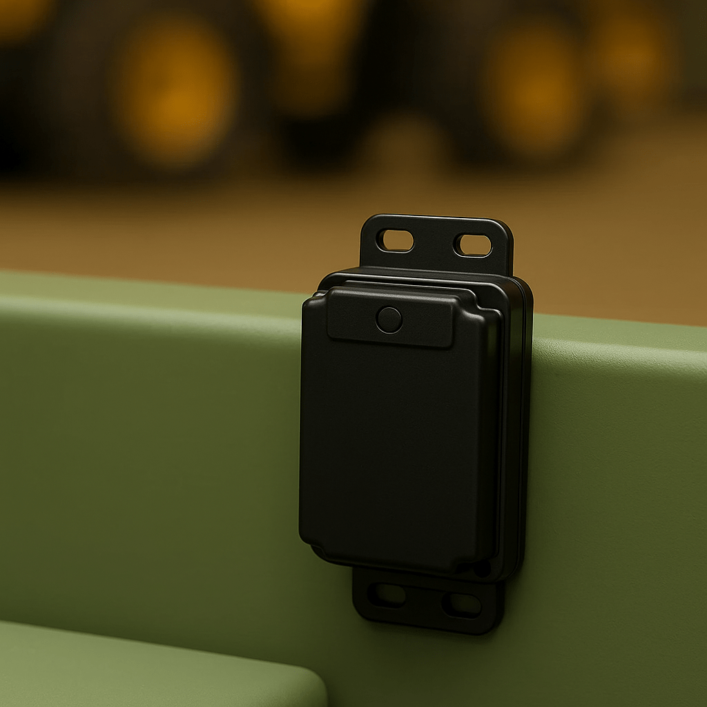 Close-up of the AssetTrack Mini GPS tracker mounted on construction equipment, designed for 5-year battery life and rugged outdoor use