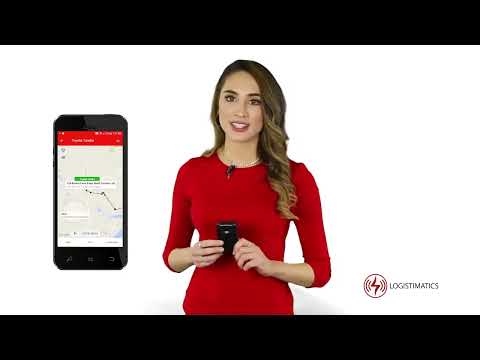 A video still shows a woman holding a Logistimatics Mobile-200 GPS tracker in one hand and a smartphone displaying a tracking app interface with a map in the other, suggesting a demonstration of the device's features and mobile app functionality.
